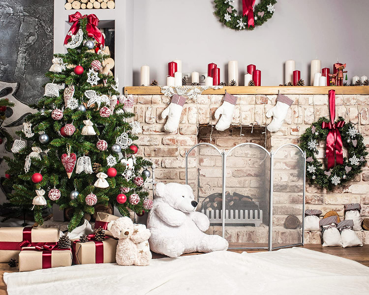 White Brick Fireplace with Tree and Bear Backdrop White Brick Fireplace with Tree and Bear Backdrop
